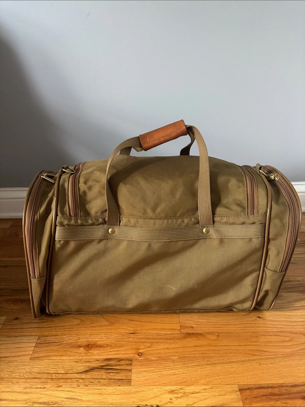 Hartmann Khaki Duffel Bag with Tan Leather Trim and Removable Strap